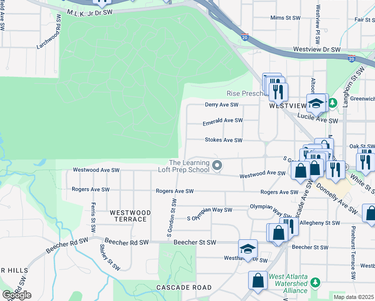 map of restaurants, bars, coffee shops, grocery stores, and more near 544 Westmeath Drive Southwest in Atlanta