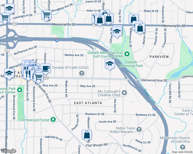map of restaurants, bars, coffee shops, grocery stores, and more near 1634 Glenwood Avenue Southeast in Atlanta