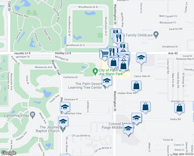 map of restaurants, bars, coffee shops, grocery stores, and more near 42560 Brighton Street in Palm Desert