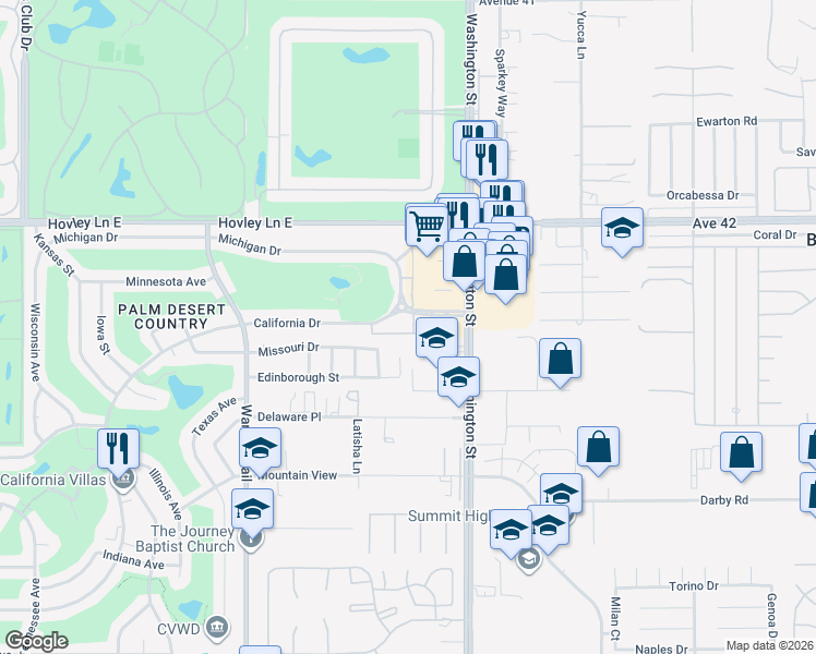map of restaurants, bars, coffee shops, grocery stores, and more near 77845 California Drive in Palm Desert