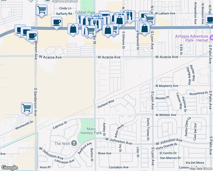 map of restaurants, bars, coffee shops, grocery stores, and more near Los Altos Circle in Hemet