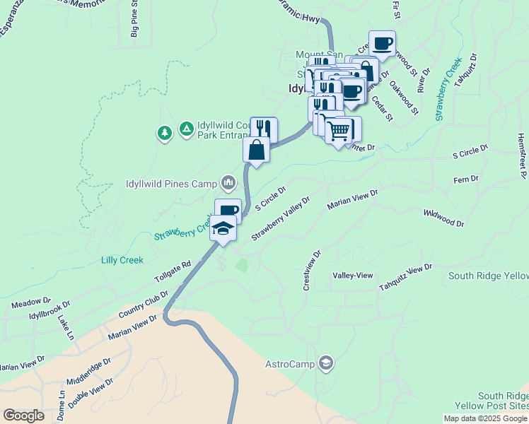 map of restaurants, bars, coffee shops, grocery stores, and more near 54105 South Circle Drive in Idyllwild-Pine Cove