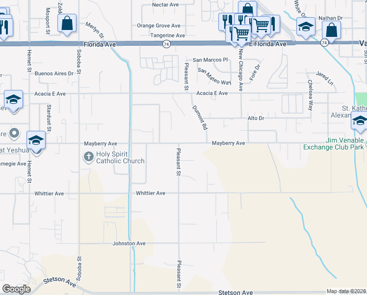 map of restaurants, bars, coffee shops, grocery stores, and more near 43041 Mayberry Avenue in Hemet