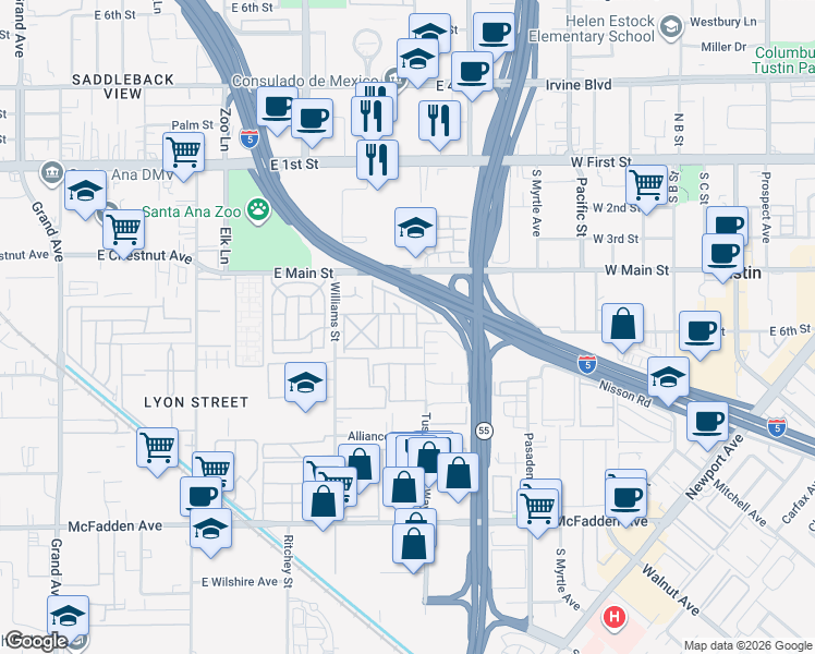 map of restaurants, bars, coffee shops, grocery stores, and more near 133 De Soto Lane in Tustin