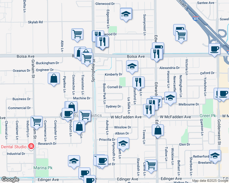 map of restaurants, bars, coffee shops, grocery stores, and more near 6151 Tyndall Drive in Huntington Beach