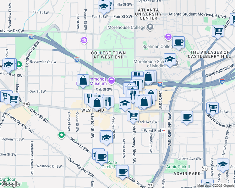 map of restaurants, bars, coffee shops, grocery stores, and more near 976 Oak Street Southwest in Atlanta
