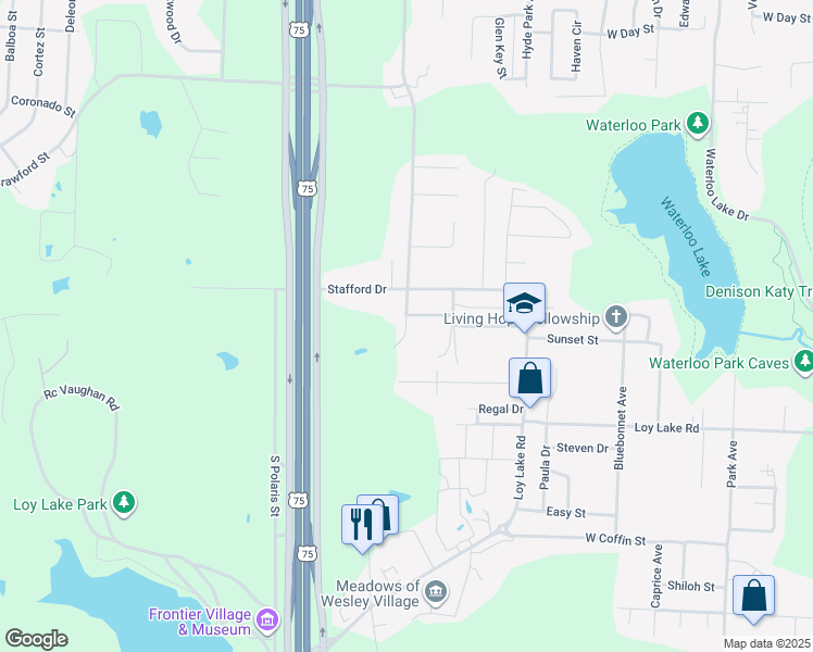 map of restaurants, bars, coffee shops, grocery stores, and more near 2804 South Lillis Lane in Denison