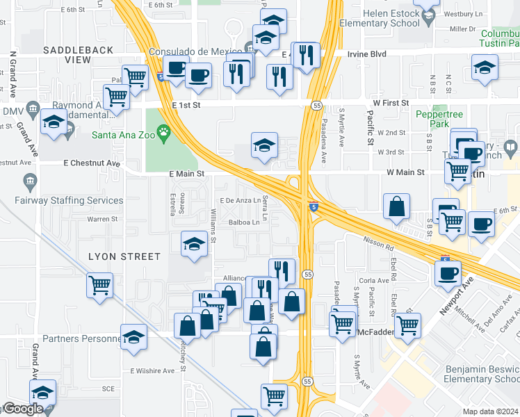 map of restaurants, bars, coffee shops, grocery stores, and more near 125 De Soto Lane in Tustin