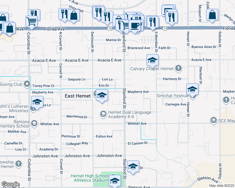 map of restaurants, bars, coffee shops, grocery stores, and more near 41695 Mayberry Avenue in Hemet