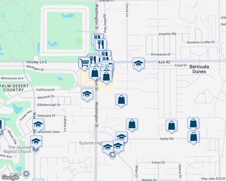 map of restaurants, bars, coffee shops, grocery stores, and more near 78135 Calico Glen Drive in Bermuda Dunes
