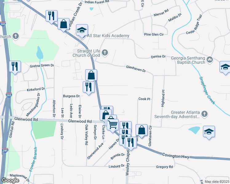 map of restaurants, bars, coffee shops, grocery stores, and more near 4235 Lamar Street in Decatur