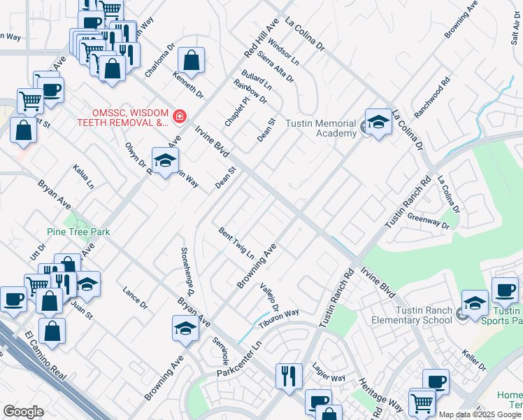map of restaurants, bars, coffee shops, grocery stores, and more near 13071 Chirping Sparrow Way in Tustin