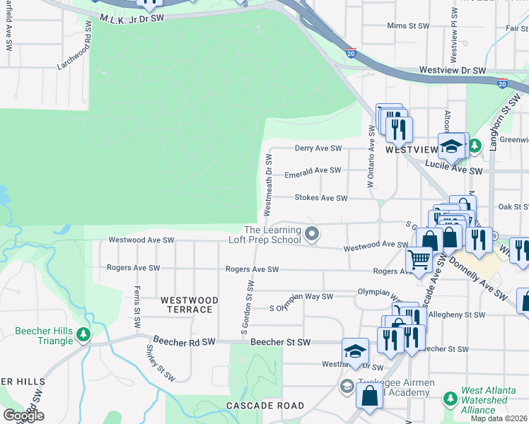 map of restaurants, bars, coffee shops, grocery stores, and more near 1760 South Gordon Street Southwest in Atlanta