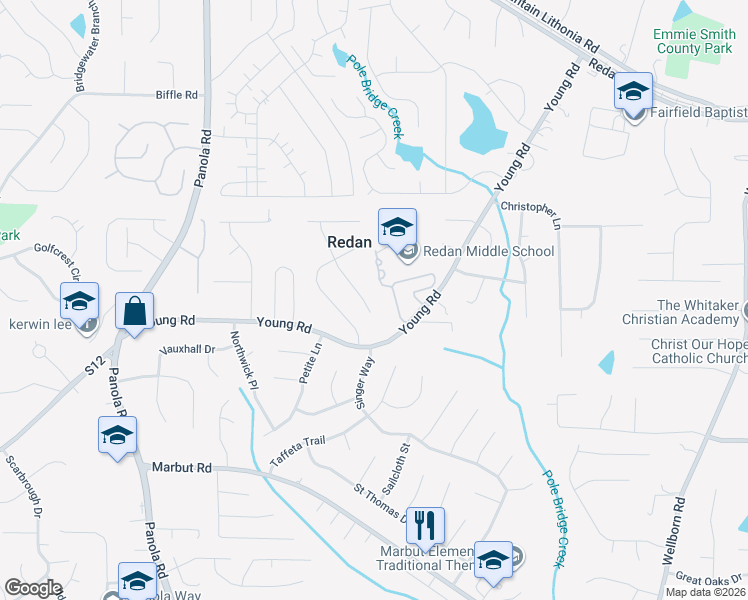 map of restaurants, bars, coffee shops, grocery stores, and more near 1778 Dunbarton Drive in Lithonia