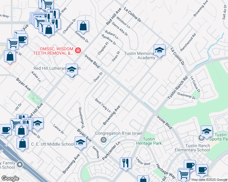 map of restaurants, bars, coffee shops, grocery stores, and more near 13071 Chirping Sparrow Way in Tustin