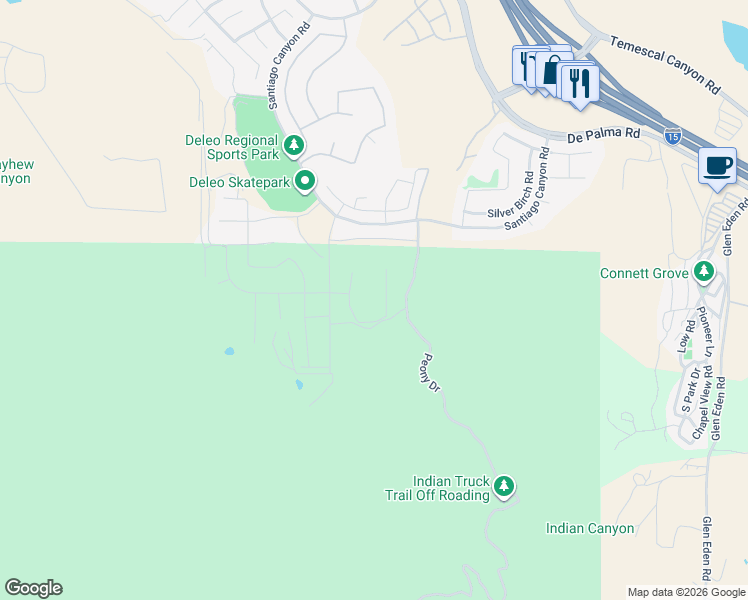 map of restaurants, bars, coffee shops, grocery stores, and more near 26294 Moorpark Court in Corona