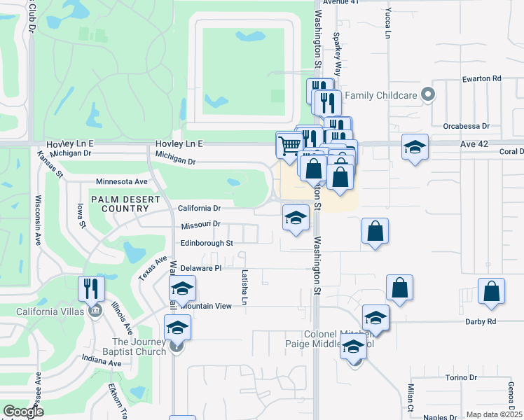map of restaurants, bars, coffee shops, grocery stores, and more near 77805 California Drive in Palm Desert