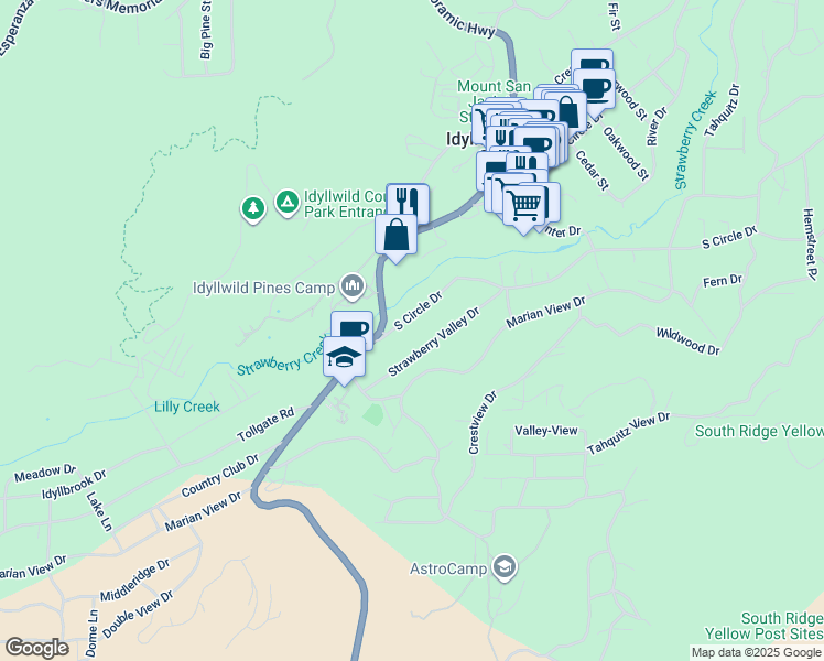 map of restaurants, bars, coffee shops, grocery stores, and more near 54105 South Circle Drive in Idyllwild-Pine Cove