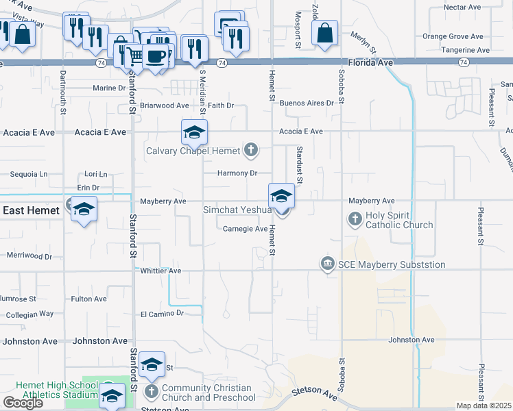 map of restaurants, bars, coffee shops, grocery stores, and more near 42191 Mayberry Avenue in Hemet