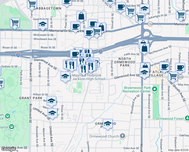 map of restaurants, bars, coffee shops, grocery stores, and more near 480 Bartram Street Southeast in Atlanta