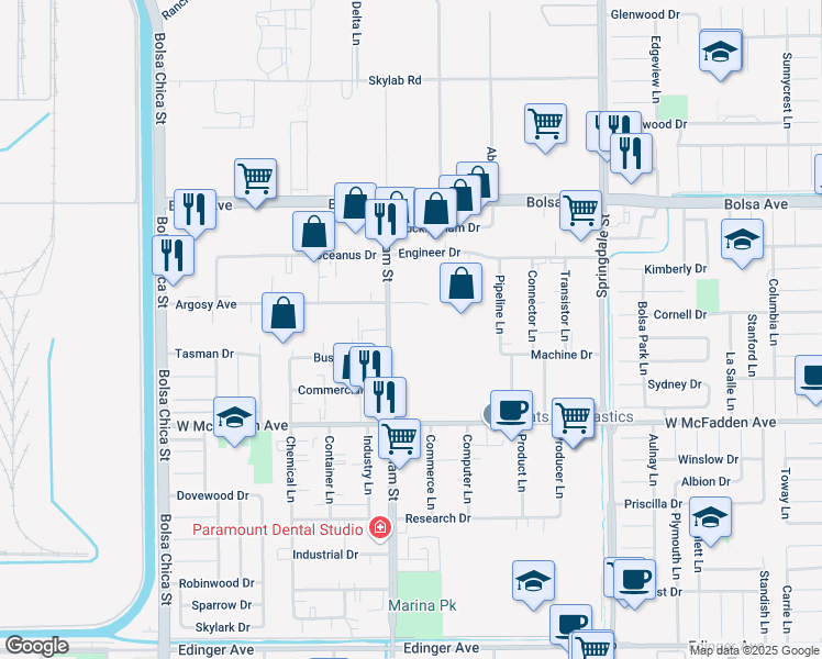 map of restaurants, bars, coffee shops, grocery stores, and more near 15342 Graham Street in Huntington Beach