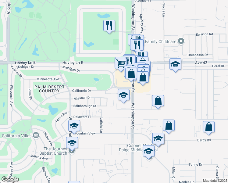 map of restaurants, bars, coffee shops, grocery stores, and more near 77845 California Drive in Palm Desert