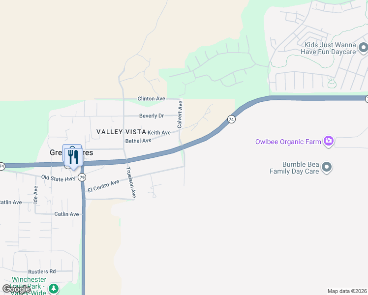 map of restaurants, bars, coffee shops, grocery stores, and more near 32600 California 74 in Hemet