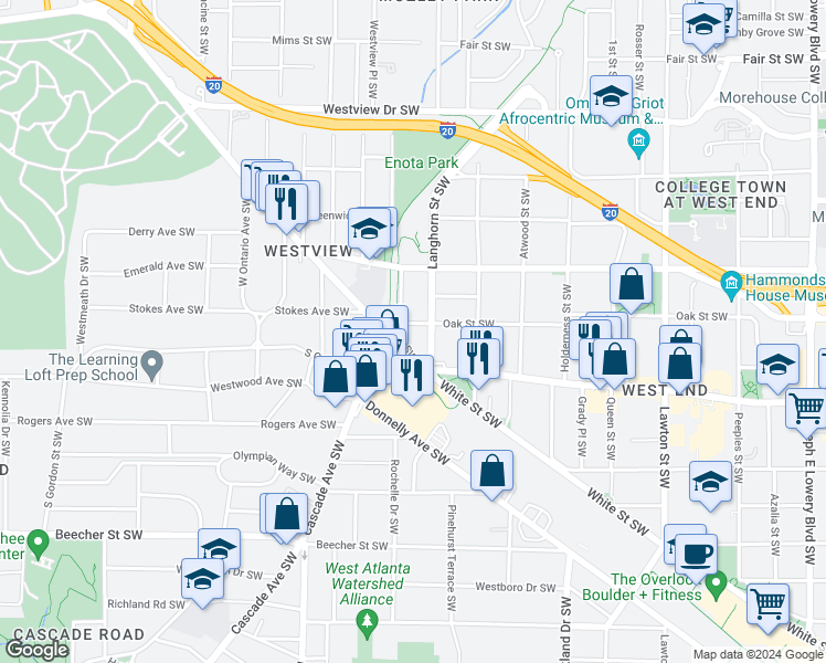 map of restaurants, bars, coffee shops, grocery stores, and more near 1382 Oak St SW in Atlanta