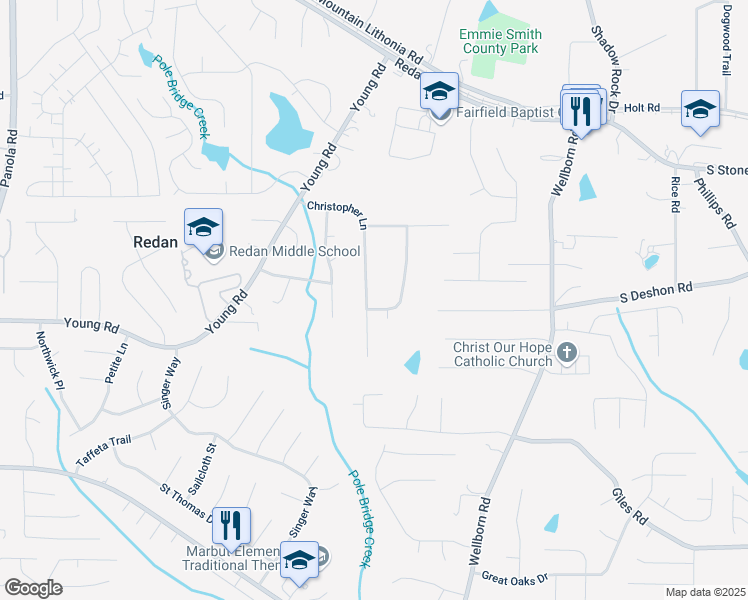 map of restaurants, bars, coffee shops, grocery stores, and more near 5844 Earlwane Drive in Lithonia