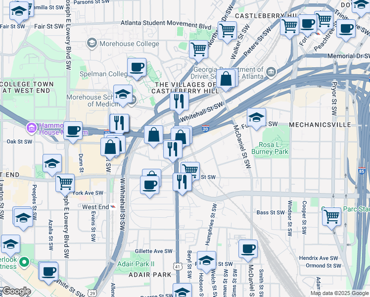 map of restaurants, bars, coffee shops, grocery stores, and more near 520 Northside Drive Southwest in Atlanta