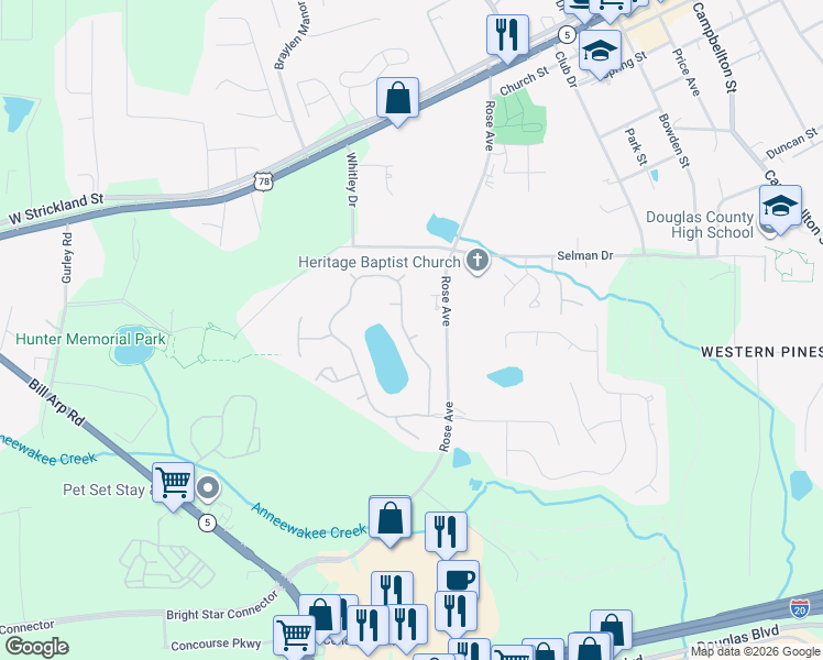 map of restaurants, bars, coffee shops, grocery stores, and more near 8826 Patricia Rose in Douglasville