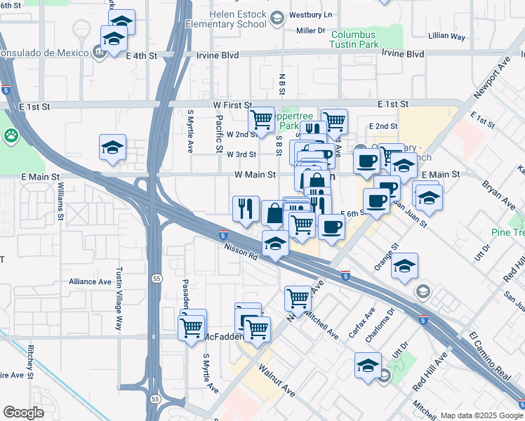 map of restaurants, bars, coffee shops, grocery stores, and more near 355 West 6th Street in Tustin