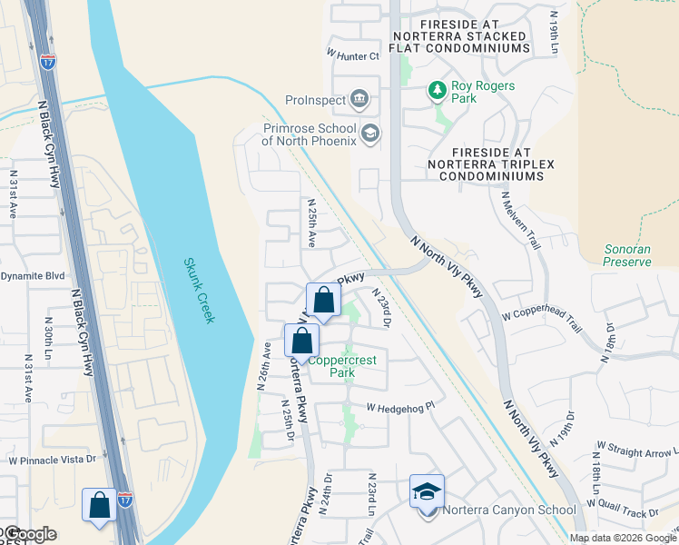 map of restaurants, bars, coffee shops, grocery stores, and more near 2433 West Silver Sage Lane in Phoenix