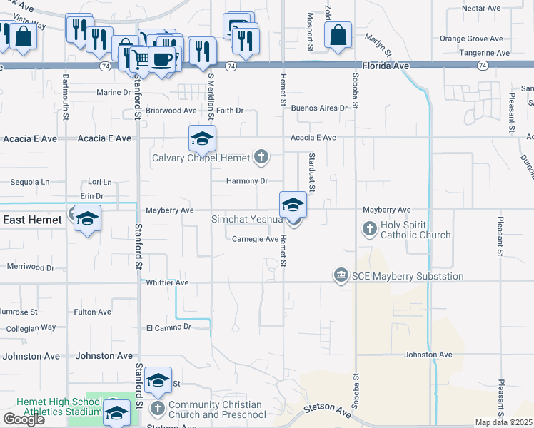 map of restaurants, bars, coffee shops, grocery stores, and more near 42191 Mayberry Avenue in Hemet