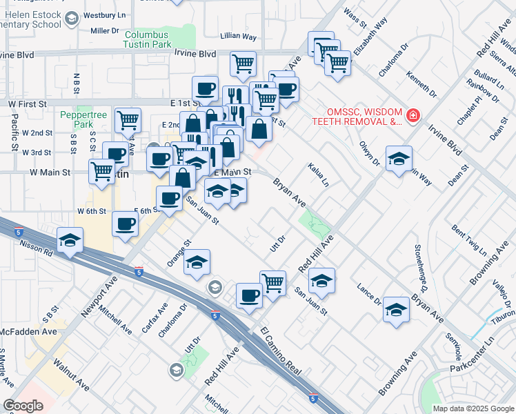 map of restaurants, bars, coffee shops, grocery stores, and more near 1220 Bryan Avenue in Tustin
