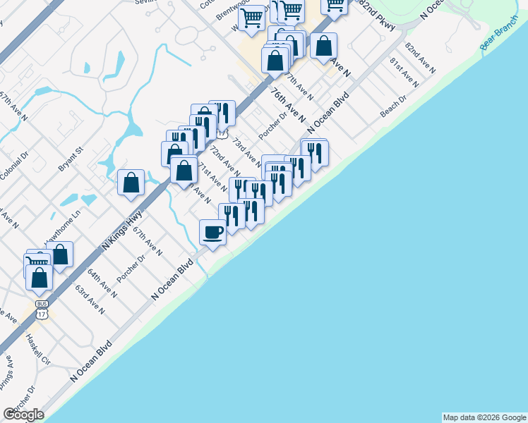 map of restaurants, bars, coffee shops, grocery stores, and more near 7501 North Ocean Boulevard in Myrtle Beach