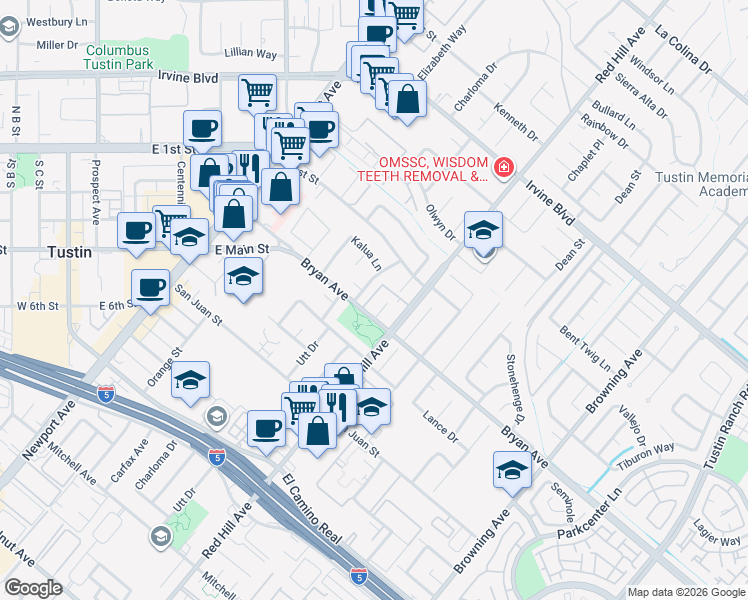 map of restaurants, bars, coffee shops, grocery stores, and more near 13372 White Sand Drive in Tustin