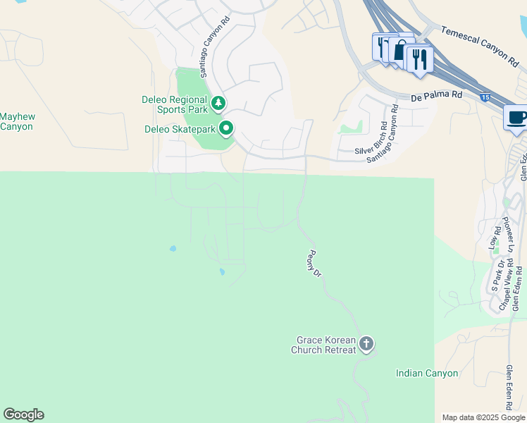 map of restaurants, bars, coffee shops, grocery stores, and more near Santiago Canyon Road in Corona