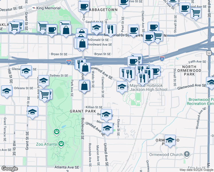 map of restaurants, bars, coffee shops, grocery stores, and more near 709 Glenwood Avenue Southeast in Atlanta