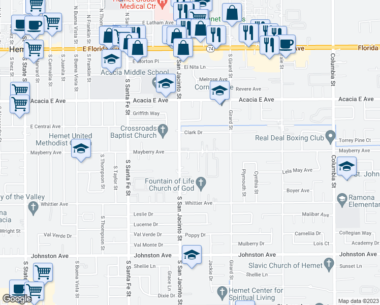 map of restaurants, bars, coffee shops, grocery stores, and more near 40281 Mayberry Avenue in Hemet