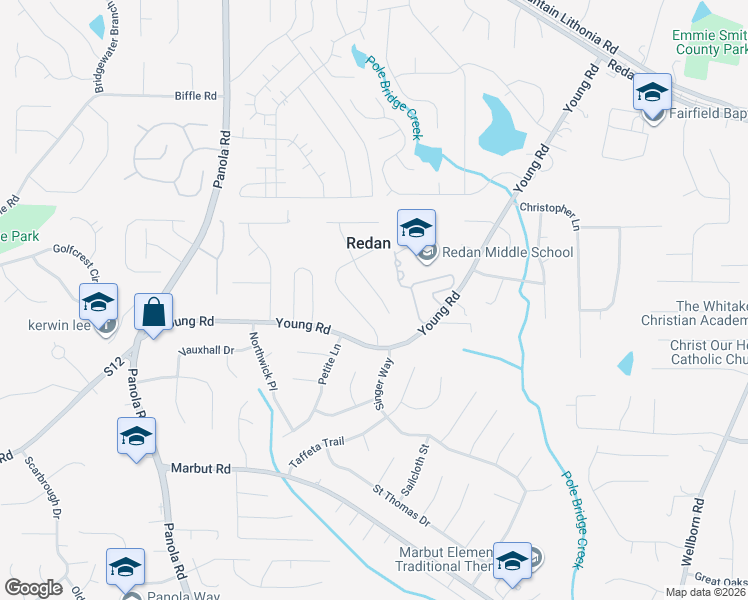 map of restaurants, bars, coffee shops, grocery stores, and more near 1716 Charmeth Road in Lithonia