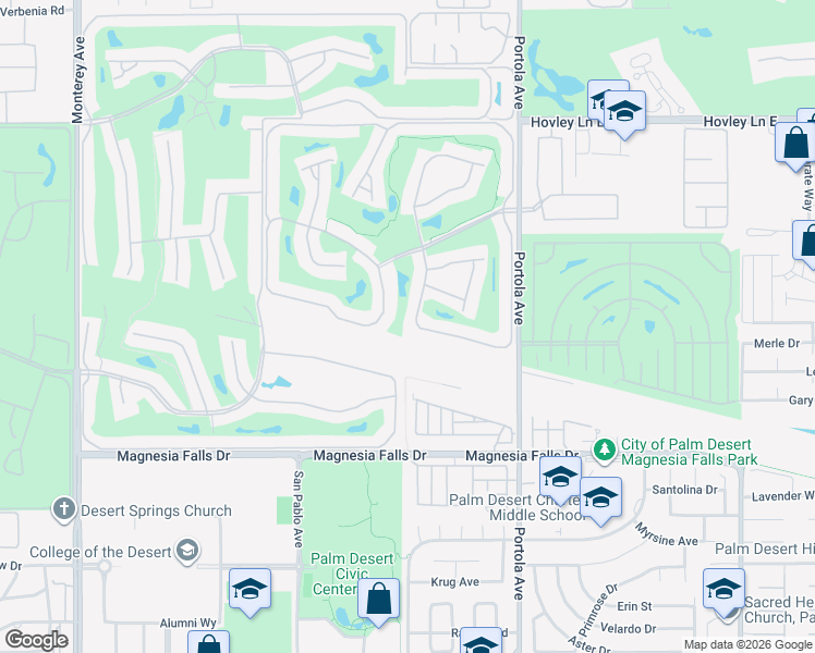 map of restaurants, bars, coffee shops, grocery stores, and more near 1 Presidio Place in Palm Desert