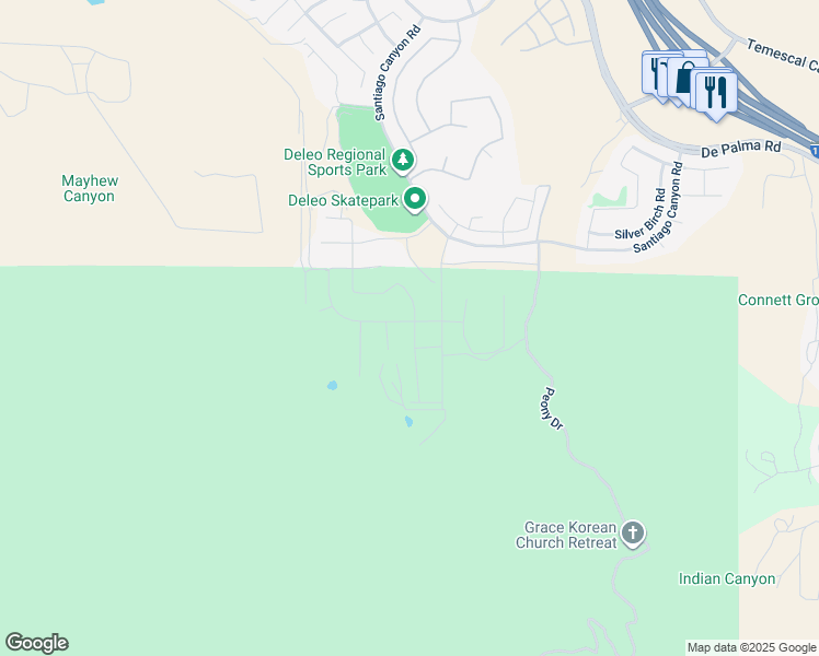 map of restaurants, bars, coffee shops, grocery stores, and more near 11286 Guffey Ranch Way in Corona