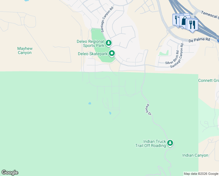 map of restaurants, bars, coffee shops, grocery stores, and more near 11286 Guffey Ranch Way in Corona