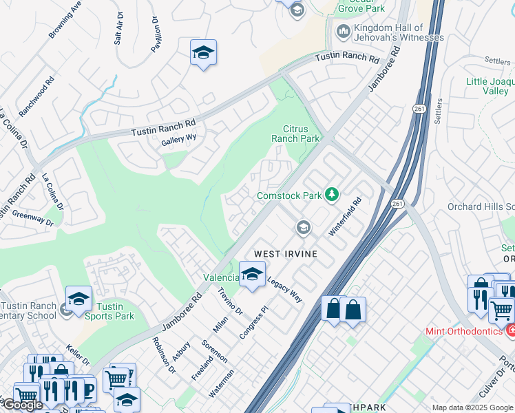 map of restaurants, bars, coffee shops, grocery stores, and more near 2960 Champion Way in Tustin