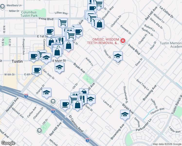 map of restaurants, bars, coffee shops, grocery stores, and more near 13372 White Sand Drive in Tustin
