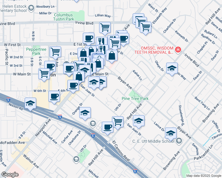 map of restaurants, bars, coffee shops, grocery stores, and more near 1176 Bryan Avenue in Tustin