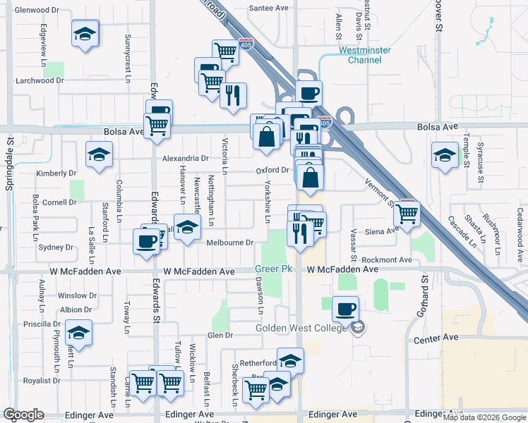 map of restaurants, bars, coffee shops, grocery stores, and more near 6831 Cumberland Drive in Huntington Beach