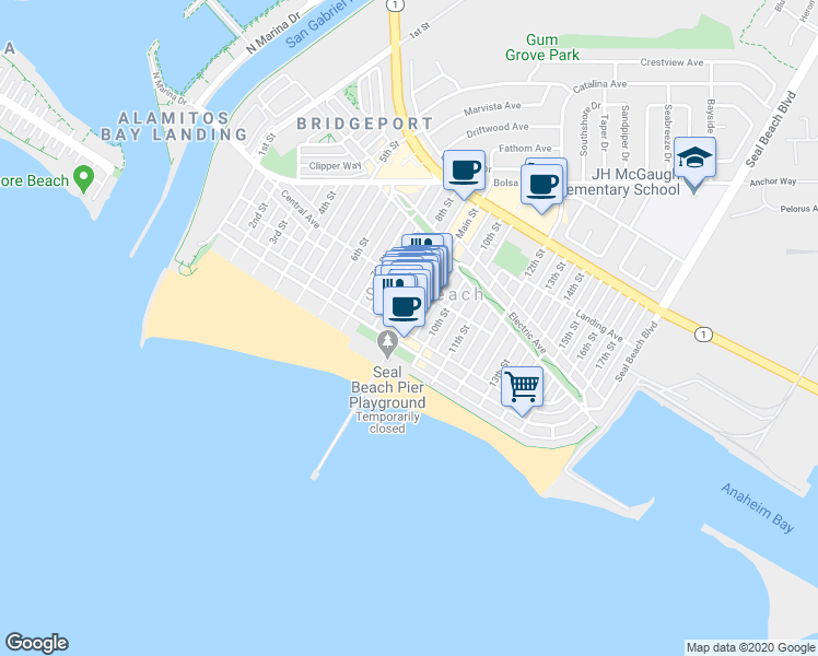 map of restaurants, bars, coffee shops, grocery stores, and more near in Seal Beach