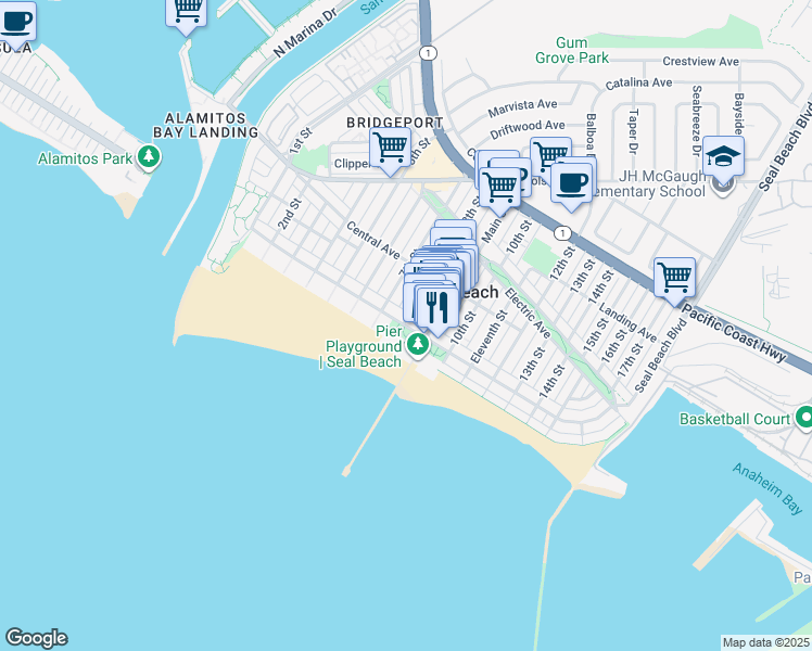 map of restaurants, bars, coffee shops, grocery stores, and more near 114 7th Street in Seal Beach